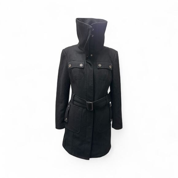 Zara Basic Coat Womens M Black Wool Blend Gorpcore Belted Utility Outdoor Winter - Picture 3 of 8